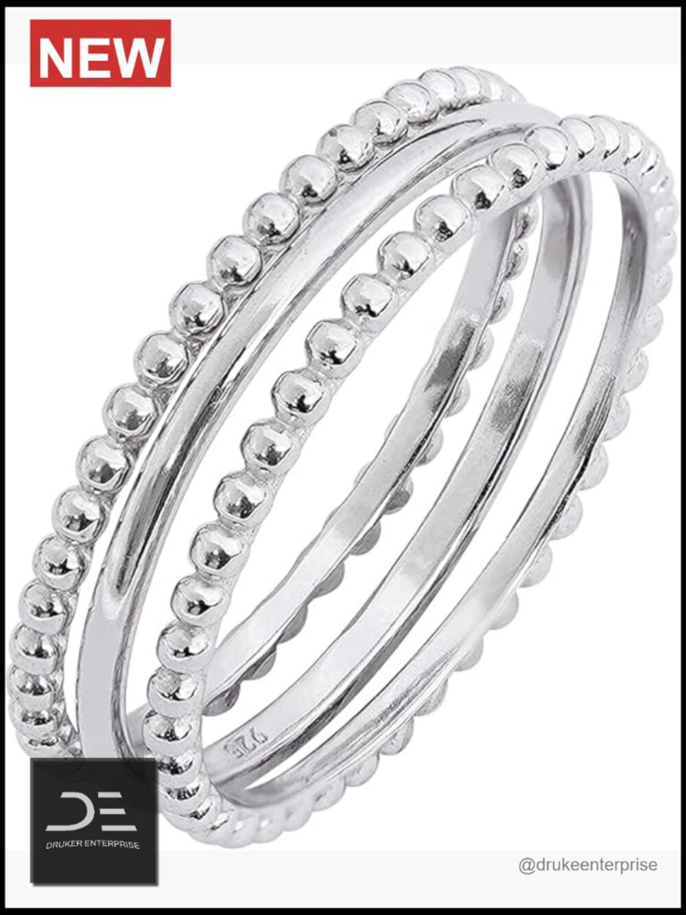 Rhodium Plated Sterling Silver Stacking Ring Set - 3 Minimalist Bands